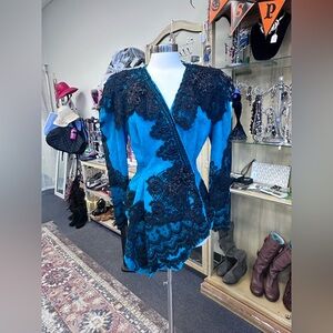 Women’s Aqua and Black suede Lace & beaded jacket GREAT CONDITION!Size Small/med